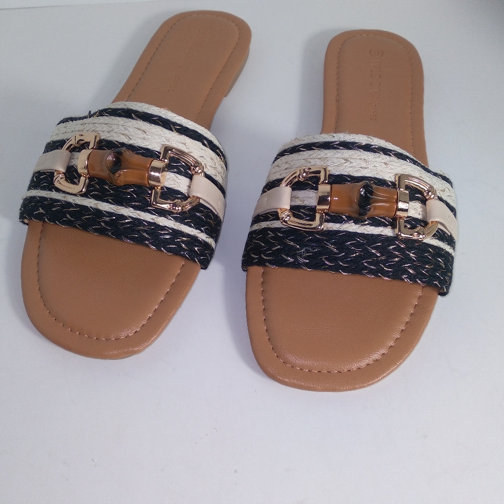 Beige and Black Band W/Bamboo Design Slide Sandals